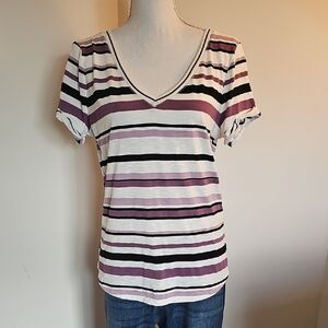 White House Black Market Purple and Black Striped V-Neck Tee